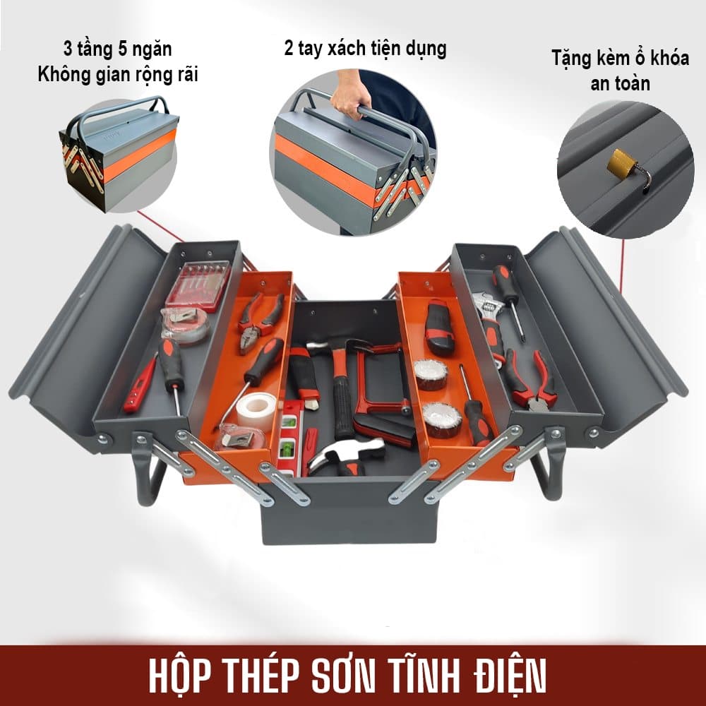 (Tặng khóa) Hộp đồ nghề 3 tầng 5 ngăn có lỗ để khóa, thép sơn tĩnh điện, kích thước lớn