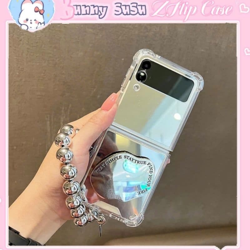 [CÓ SẴN] Ốp Z Flip 8 - Flip 7 - Flip 6 - Flip5 5G tráng gương chống sốc kèm giá đỡ dễ thương và dây bi bạc cá tính