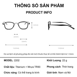 Gọng kính cận thời trang nam nữ NARO EYEWEAR dáng vuông chống tia UV chất liệu titanium cao cấp - 2202 9