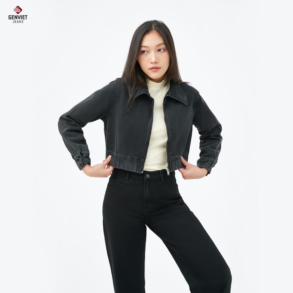 Áo khoác jean croptop nữ 1 lớp GENVIET JEANS vải denim cao cấp tôn dáng basic dễ phối đồ mặc chống nắng 8750