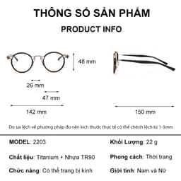 Gọng kính cận thời trang nam nữ NARO EYEWEAR  dáng tròn chống tia UV chất liệu titanium cao cấp - 2203 9