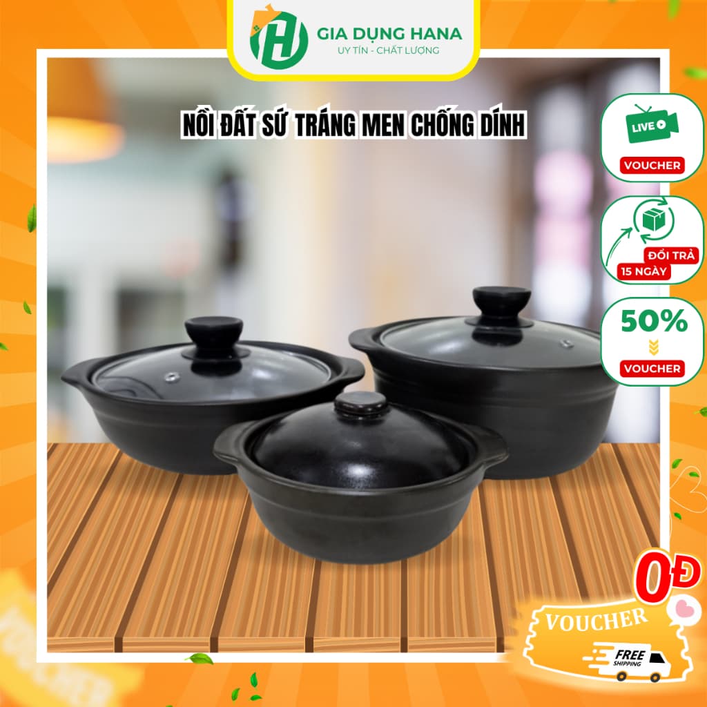Nồi Đất Sứ Tráng Men Chống Dính Có Nắp Sâu Lòng Nhiều Kích Thước Kho Cá Thịt Nấu Mì Cay Tiện Lợi