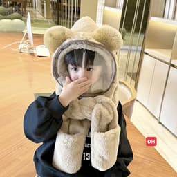 Mũ Len Trùm Đầu Có Kính Chắn Gió Kèm Khăn Quàng Cổ Và Găng Tay Cho Bé, Nón Len Lông Cừu Có Bao Tay Cho Bé 2