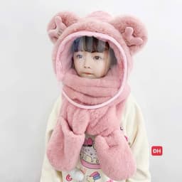 Mũ Len Trùm Đầu Có Kính Chắn Gió Kèm Khăn Quàng Cổ Và Găng Tay Cho Bé, Nón Len Lông Cừu Có Bao Tay Cho Bé 3