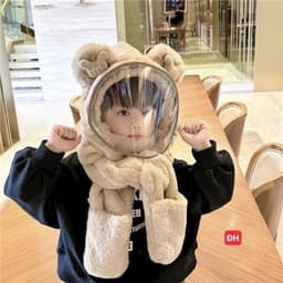 Mũ Len Trùm Đầu Có Kính Chắn Gió Kèm Khăn Quàng Cổ Và Găng Tay Cho Bé, Nón Len Lông Cừu Có Bao Tay Cho Bé 7