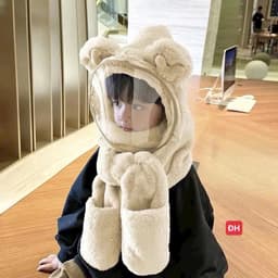 Mũ Len Trùm Đầu Có Kính Chắn Gió Kèm Khăn Quàng Cổ Và Găng Tay Cho Bé, Nón Len Lông Cừu Có Bao Tay Cho Bé 8