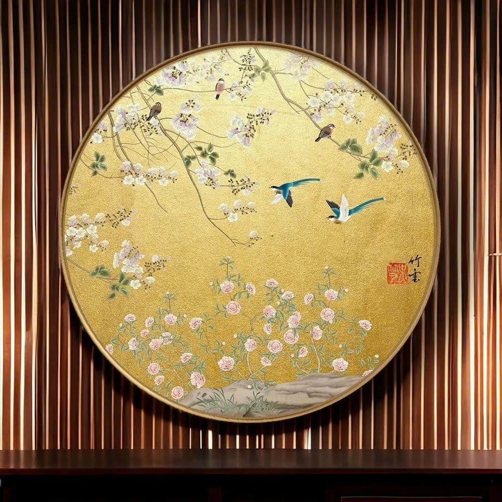 Tranh tròn treo tường in vải canvas chim trên cành indochine - 60 cm