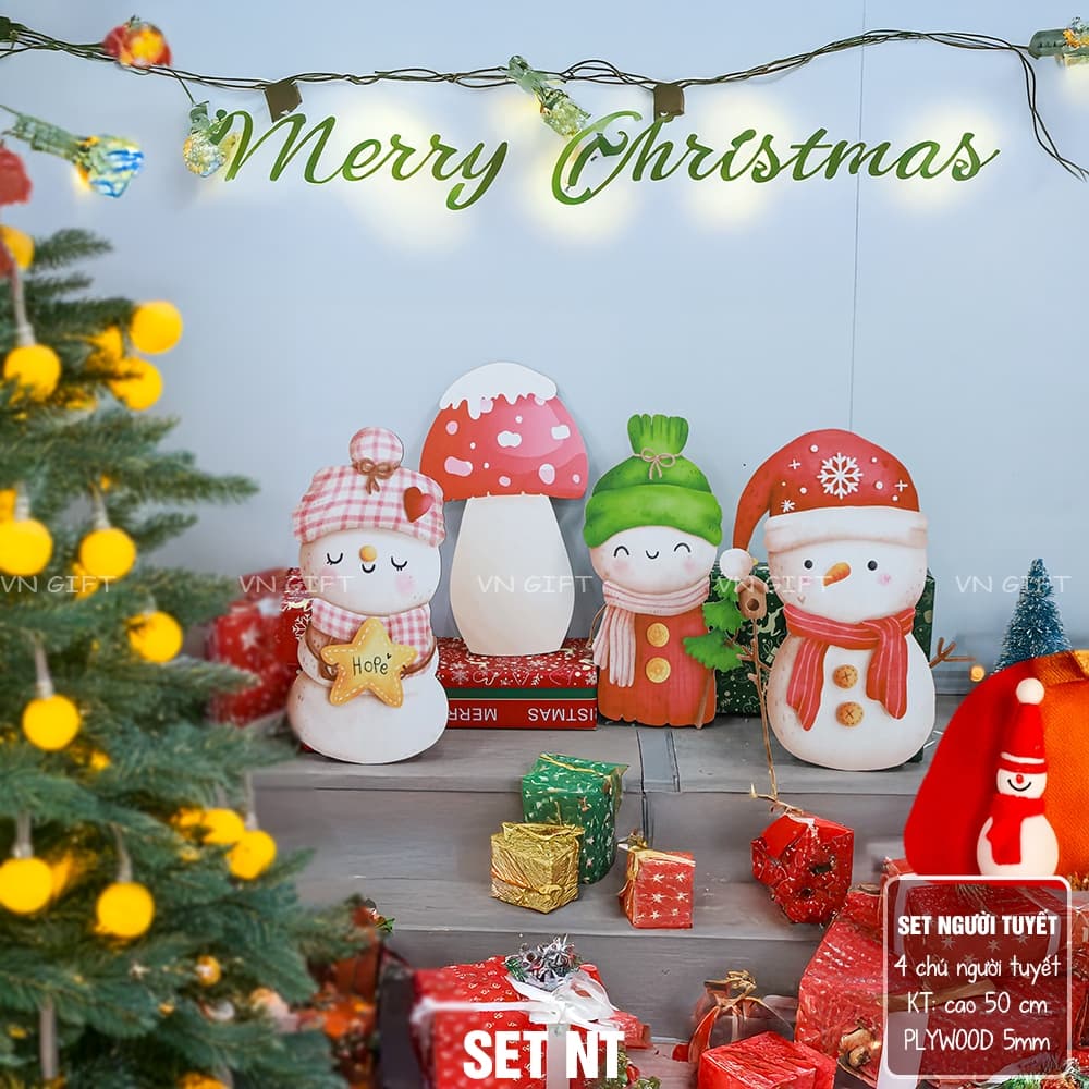 Set Người tuyết xinh xỉu trang trí Noel bằng gỗ loại dày 5mm size 35-50 , Phụ kiện trang trí cây thông Noel, giáng sinh
