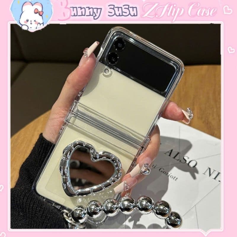 [CÓ SẴN] Ốp Z Flip 8 - Flip5 - Flip4 - Flip7 5G trong suốt popsocket tim viền tráng gương kèm dây và thanh bảo vệ bản lề