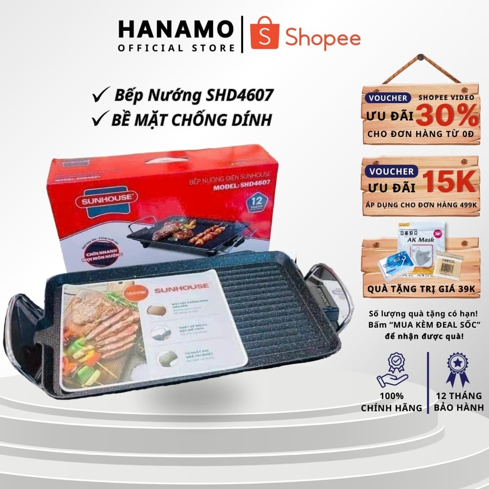 Bếp nướng điện không khói SUNNHOUSE SHD4607 BẢO HÀNH 12 THÁNG, Bếp nướng điện 1500w Hàng Chính Hãng
