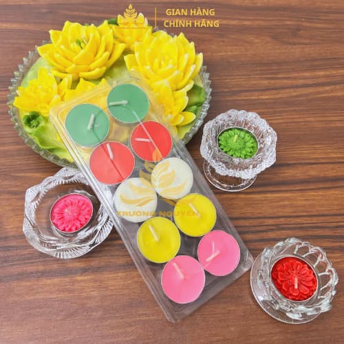 Vỉ 10 Viên Nến Xu Tealight Trơn Bơ Trường Nguyên Organic, Không Khói,  Nhiều Màu, Cúng Mụ, Xông Tinh Dầu, Dâng Lễ