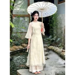 Set áo dài cách tân tơ thêu hoa 4 tà gài nút tàu đính charm tay lửng phối quần suông lụa latin xinh xắn hottrend 2026 3