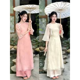 Set áo dài cách tân tơ thêu hoa 4 tà gài nút tàu đính charm tay lửng phối quần suông lụa latin xinh xắn hottrend 2026 7