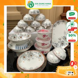 Bộ Tô Chén Đĩa Sứ 19 Món Họa Tiết Hoa Dừa Đựng Thực Phẩm Có Nắp Đậy Tặng 3 Thố Sứ 1