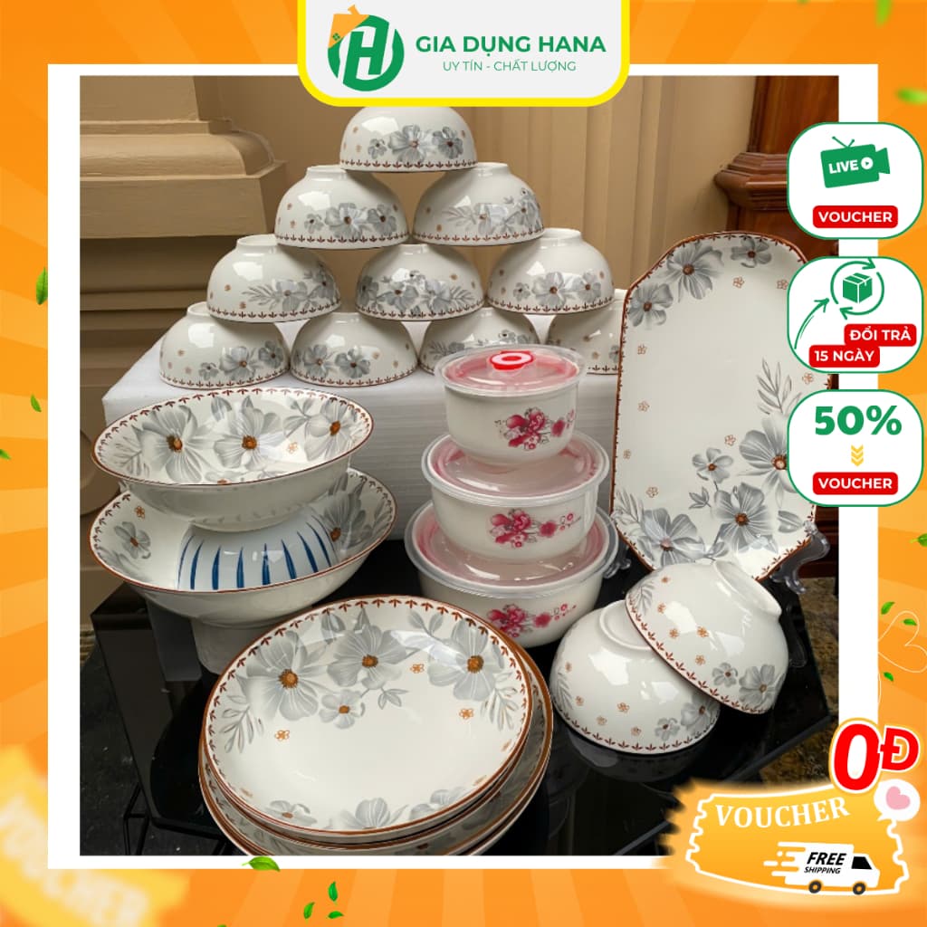 Bộ Tô Chén Đĩa Sứ 19 Món Họa Tiết Hoa Dừa Đựng Thực Phẩm Có Nắp Đậy Tặng 3 Thố Sứ