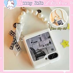 [CÓ SẴN] 2 dây - Ốp Z Flip 8 - Flip7 - Flip6 - Flip 5 trắng phủ da kèm dây ngọc tiểu thư và thanh bảo vệ bản lề 1