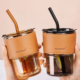 PVN44466 Cốc giữ nhiệt thủy tinh tặng kèm bao da ống hút, ly chịu nhiệt dùng uống cafe sang chảnh T6 4