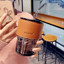 PVN44466 Cốc giữ nhiệt thủy tinh tặng kèm bao da ống hút, ly chịu nhiệt dùng uống cafe sang chảnh T6 2