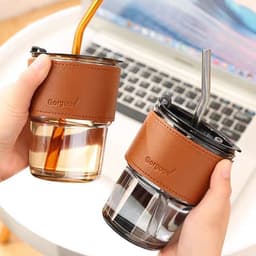 PVN44466 Cốc giữ nhiệt thủy tinh tặng kèm bao da ống hút, ly chịu nhiệt dùng uống cafe sang chảnh T6 3