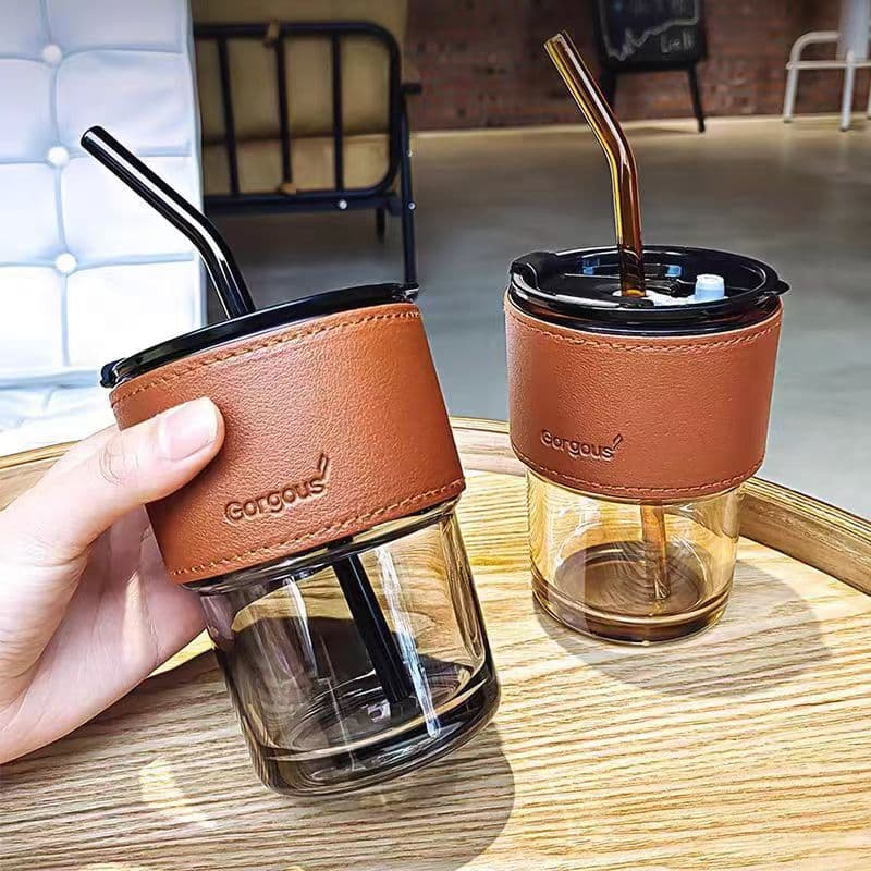 PVN44466 Cốc giữ nhiệt thủy tinh tặng kèm bao da ống hút, ly chịu nhiệt dùng uống cafe sang chảnh T6