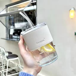 PVN44466 Cốc giữ nhiệt thủy tinh tặng kèm bao da ống hút, ly chịu nhiệt dùng uống cafe sang chảnh T6 6