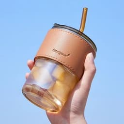 PVN44466 Cốc giữ nhiệt thủy tinh tặng kèm bao da ống hút, ly chịu nhiệt dùng uống cafe sang chảnh T6 8