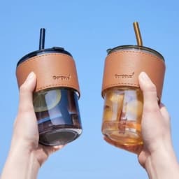 PVN44466 Cốc giữ nhiệt thủy tinh tặng kèm bao da ống hút, ly chịu nhiệt dùng uống cafe sang chảnh T6 9