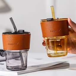PVN44466 Cốc giữ nhiệt thủy tinh tặng kèm bao da ống hút, ly chịu nhiệt dùng uống cafe sang chảnh T6 5