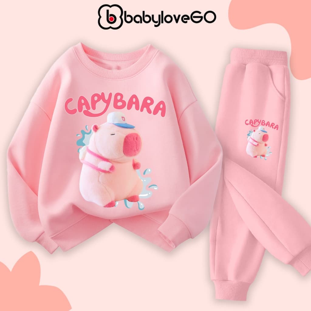 Bộ nỉ cho bé gái BabyloveGO đồ bộ thu đông cho bé bộ dài tay in hình Capybara độc đáo BN-CAP15