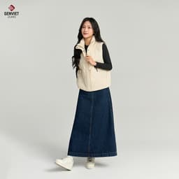 Chân váy jean midi dáng A suông GENVIET JEANS vải denim cạp cao giấu bụng tôn eo 8831 2