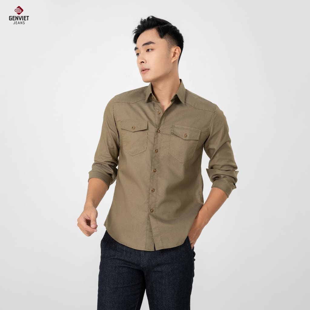 Áo Sơ Mi Dài Tay Nam GENVIET Vải Thô Dáng Ôm Vừa, đứng form 8421