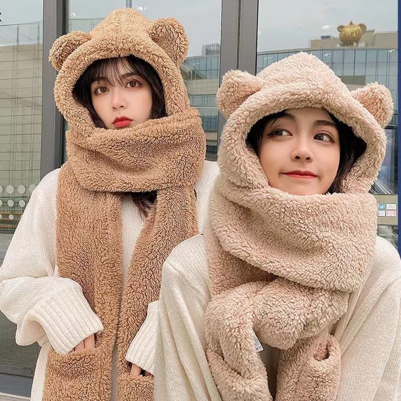 Mũ lông tai gấu kèm khăn quàng cổ bao tay 3 trong 1 ấm áp