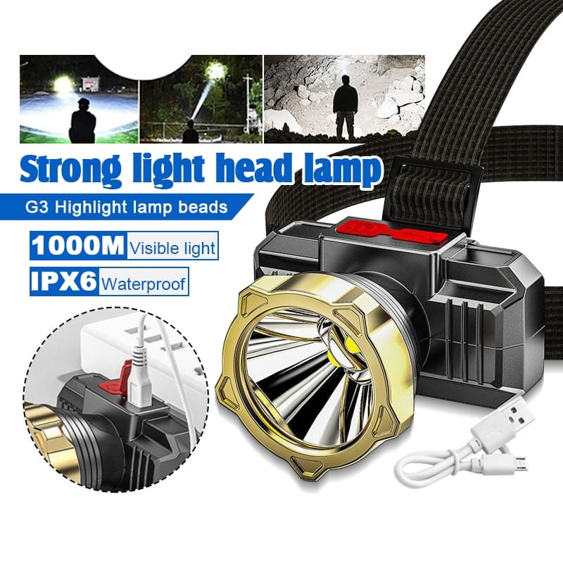 Đèn Pin Đội Đầu Siêu Sáng Kèm Sạc Chống Nước, Đèn LED Chiếu Xa Siêu Sáng- Dây Đeo Dung Lượng Cao