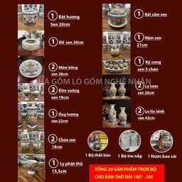 HG000 Bộ 20 Món Đồ Thờ Cúng Ban Thờ dài 1m7-2m TẶNG Thất Bảo, Tro Nếp, Nước Thơm Men rạn đắp nổi Bát Tràng 2