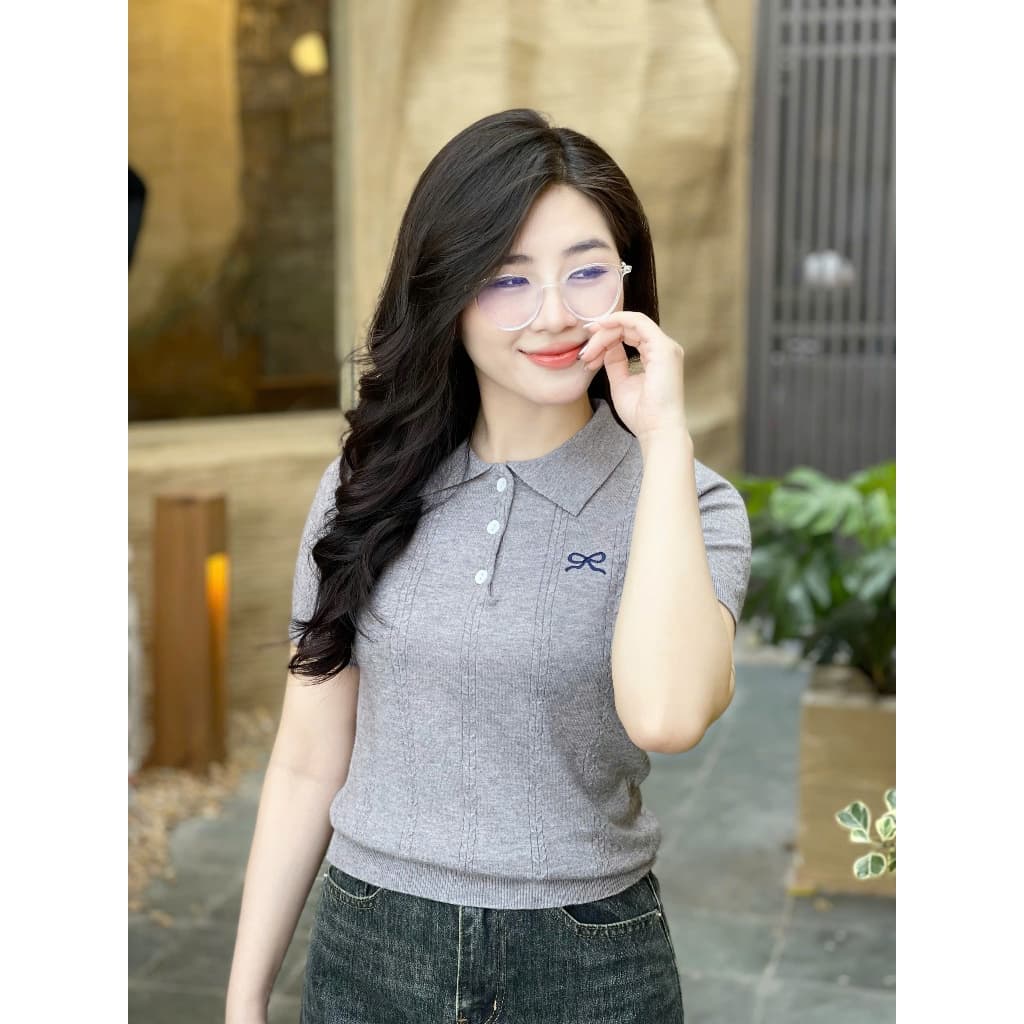 Áo Len Nữ EvaloverThiết kế Cổ Đức 3 Cúc Cộc Tay Phối Thêu Nơ Chất Len Montoghi Mềm M198 