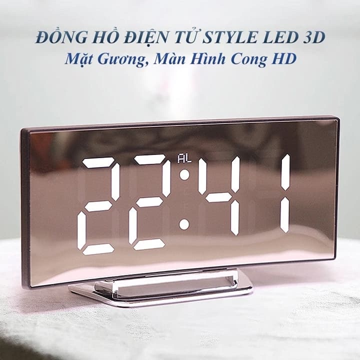 Đồng hồ LED 3D 7 inch để bàn, đồng hồ báo thức với màn hình gương cong sang trọng.