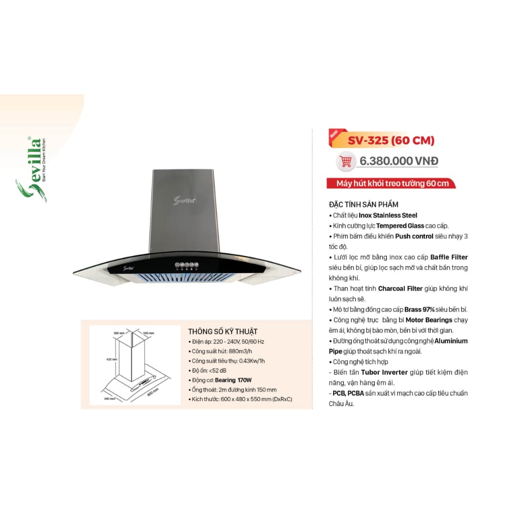 Máy hút mùi Sevilla SV 325 KT 600mm/ Phím cơ/ SV325 Bảo hành 2 năm chính hãng