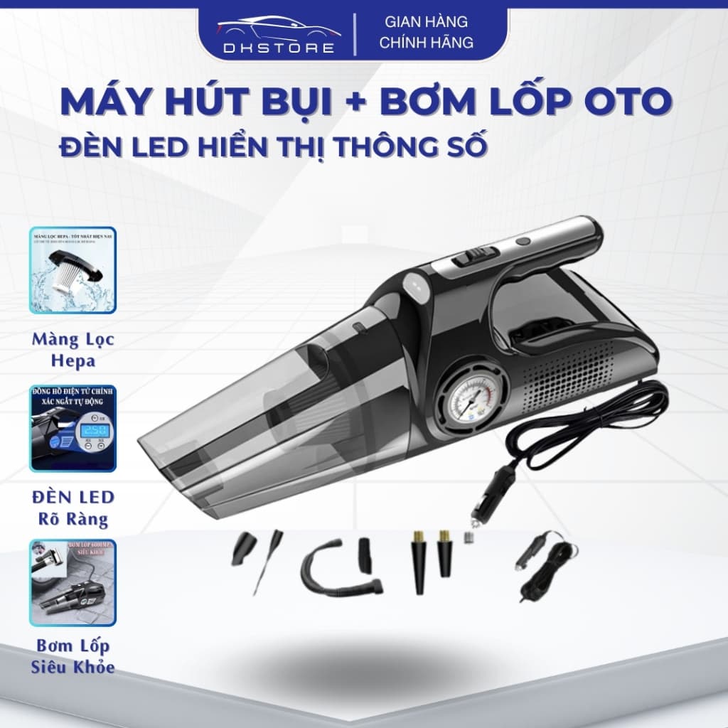 Máy Hút Bụi Cầm Tay Kiêm Bơm Lốp, Máy Hút Bụi Đa Năng Nhỏ Gọn, Máy Hút Bụi Ô Tô Có Dây Kèm Đèn Pin - DK Cars - HB1