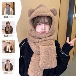 Mũ lông tai gấu kèm khăn quàng cổ bao tay 3 trong 1 ấm áp 2