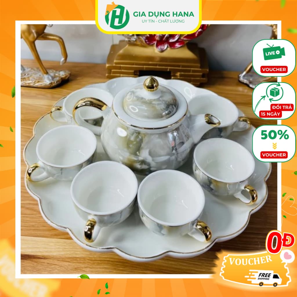 Bộ Ấm Chén Tử Sa Màu Vân Đá Đế Xoay 360 Độ Sang Trọng Độ Bền Cao