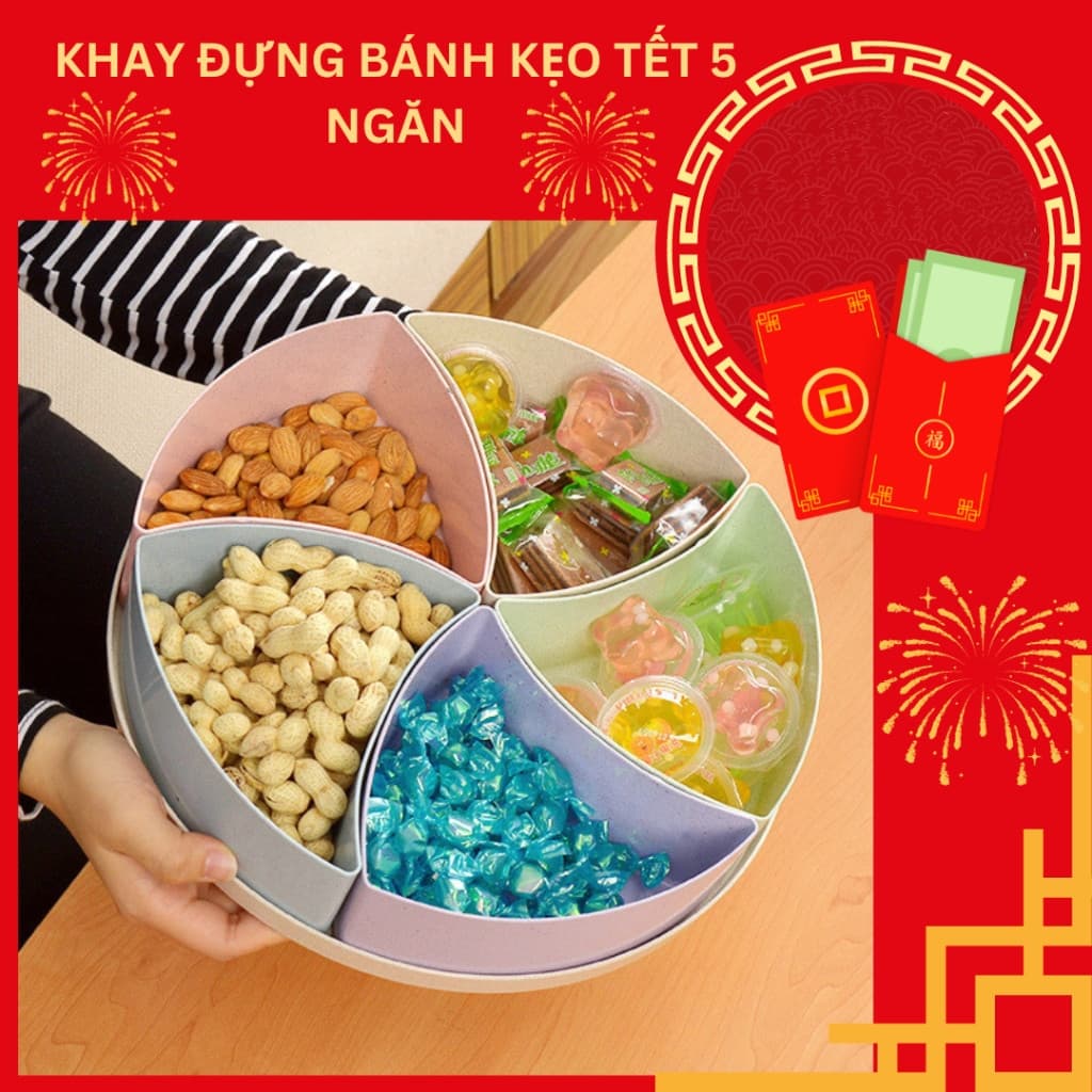 Khay Đựng Bánh Kẹo Mứt Tết 5 Ngăn Cách Điệu Bằng Nhựa Lúa Mạch Trang Trí Ngày Lễ, Tết Siêu Đẹp