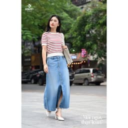 Chân váy dài chữ A GENVIET JEANS denim co giãn tốt xẻ tà trước cúc thời trang basic dễ phối đồ 8829 5