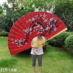 Quạt trang trí treo tường cỡ lớn, Quạt giấy trang trí tường khổng lồ hình hoa đào đỏ 8