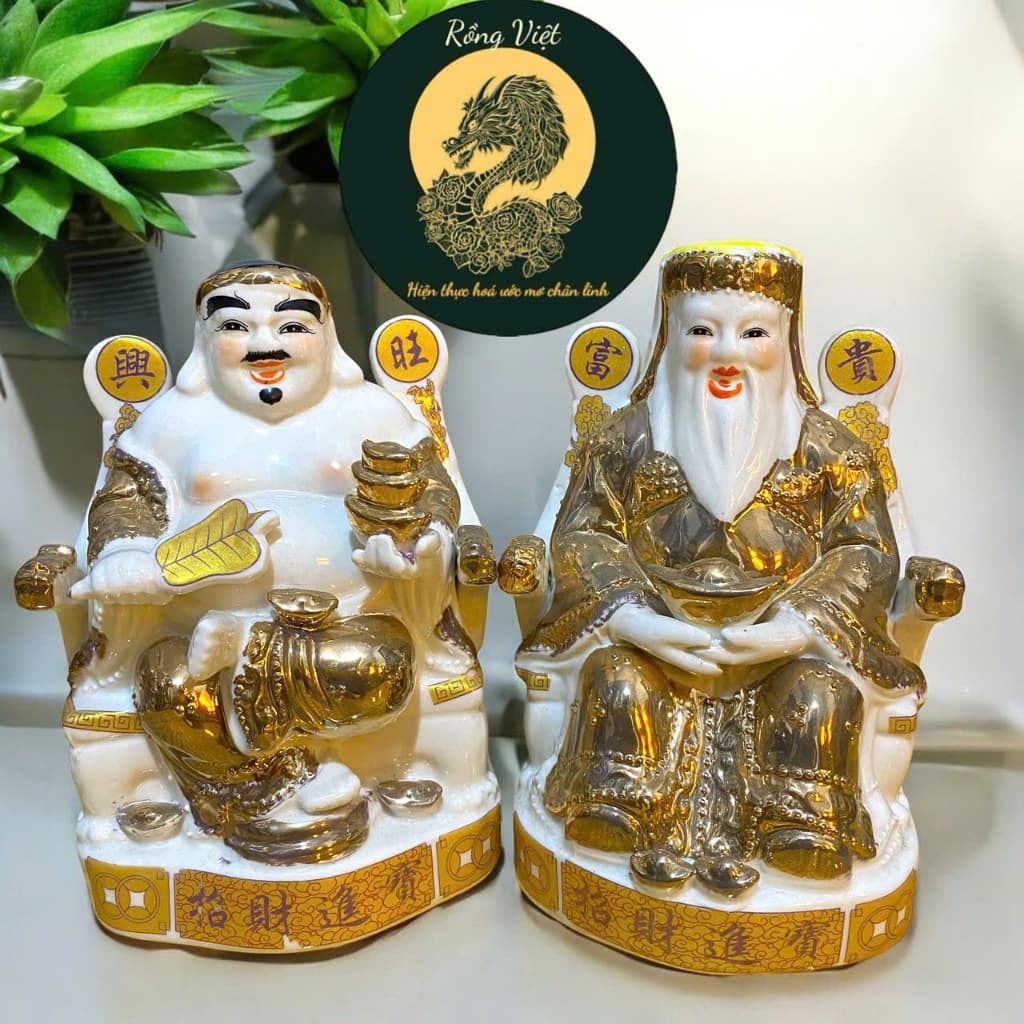 Tượng thần tài sứ kim RỒNG VIỆT, Tượng tài địa sứ kim dát vàng cao cấp cho mệnh Kim và mệnh thổ