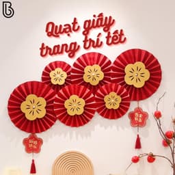 Bộ 6 quạt giấy nhung đỏ gấp sẵn gắn tường trang trí Tết 1