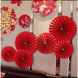 Bộ 6 quạt giấy nhung đỏ gấp sẵn gắn tường trang trí Tết 2