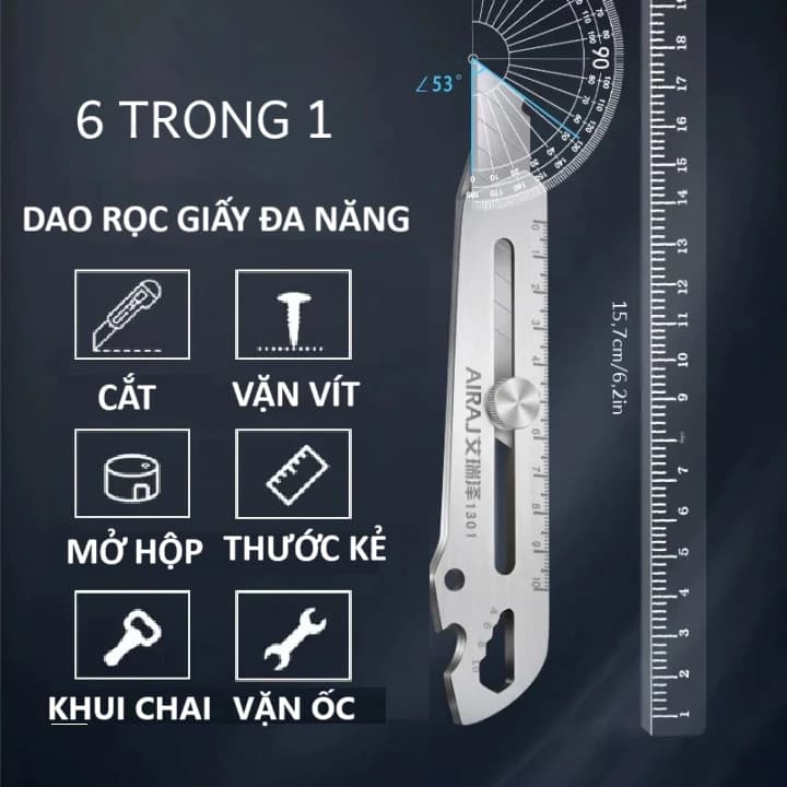 Dao rọc giấy inox, Dụng cụ rọc giấy đa năng 6 trong 1 vặn vít, vặn bu lông, mở nắp hộp, cắt, thước kẻ, khui bia bằng thé