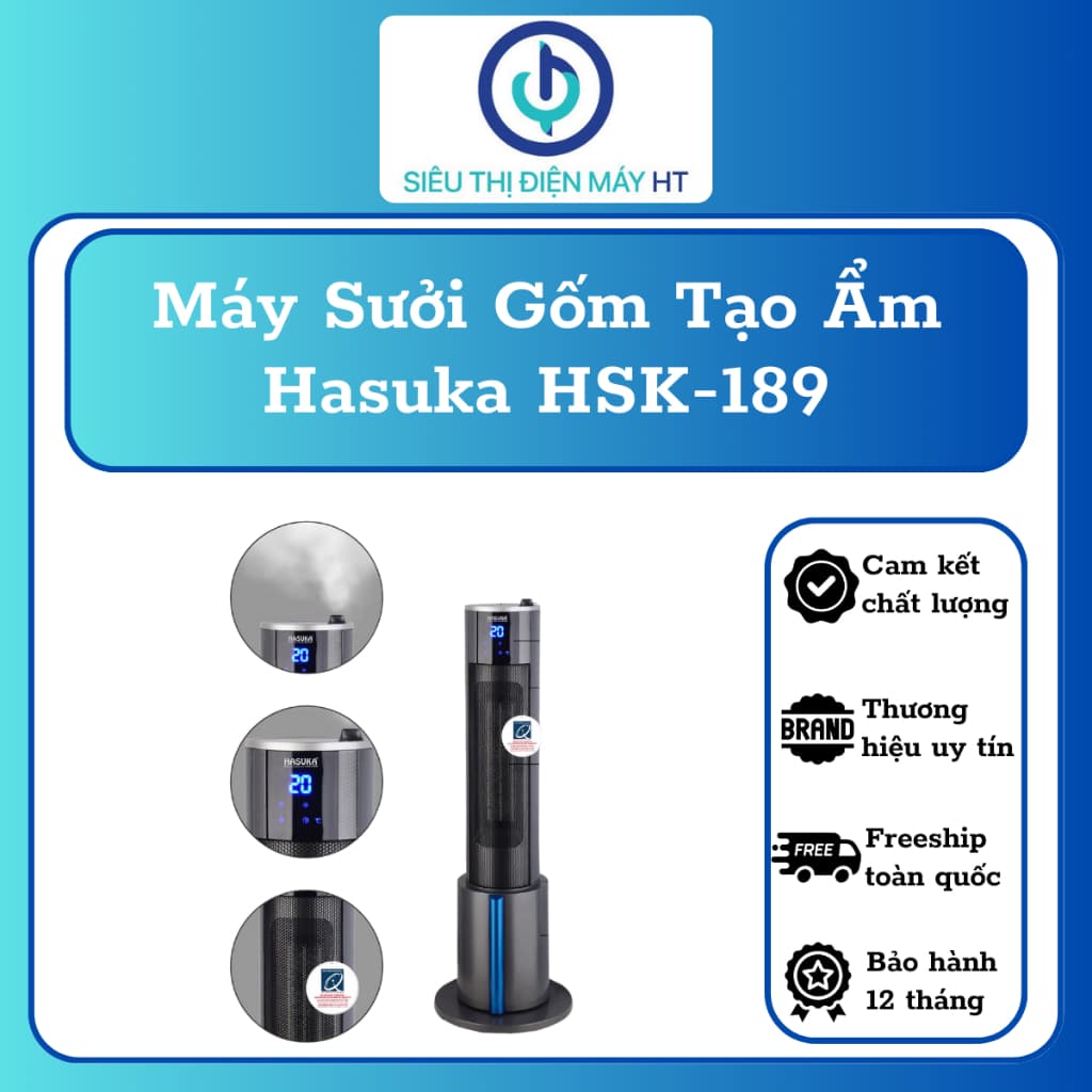 Máy sưởi gốm HASUKA HSK-189 - Công suất 2200W - Phun sương tạo ẩm 3 mức nhiệt kèm điều khiển từ xa - Hàng chính hãng