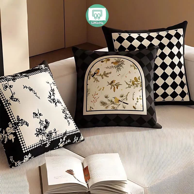 Gối tựa lưng sofa, trang trí phòng khách hoạ tiết RETRO PHÁP chất liệu nhung lông đào đẹp & hiện đại