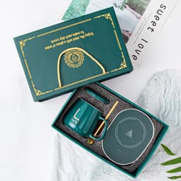 Bộ Cốc Hâm Nóng đồ uống kèm đế điện, Bộ ly sứ kèm đế điện hâm nóng trà, cafe, hâm sữa Tặng kèm thìa vàng, hộp sang trọng 6